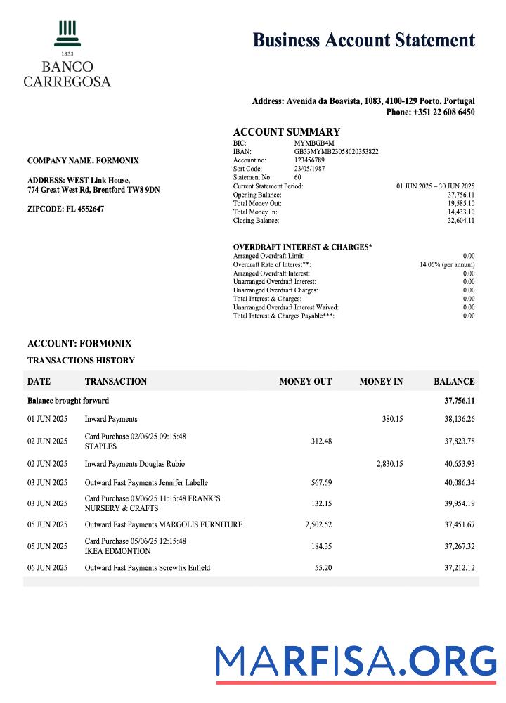 Printable Portuguese Banco Carregosa enterprise statement Word and PDF format real example